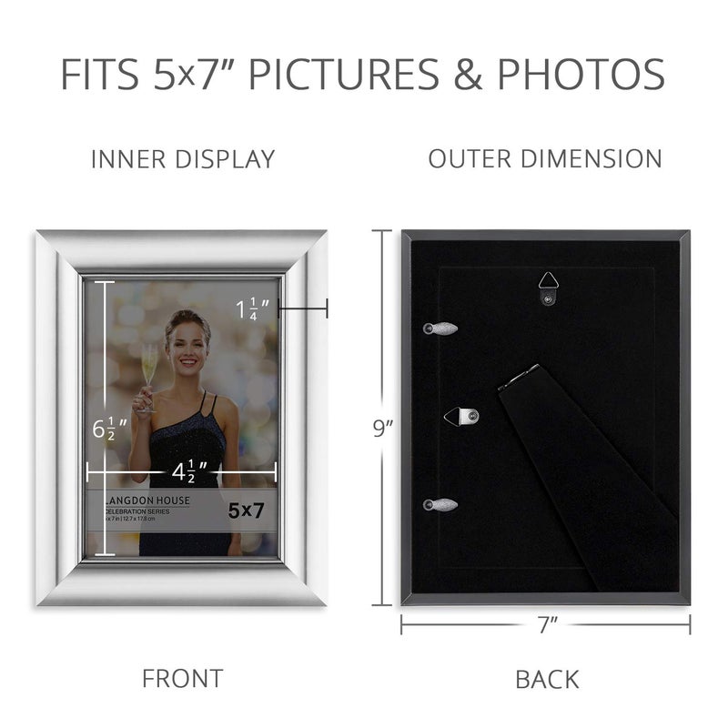 Langdon House 5x7 Picture Frames (Silver, 3 Pack), Contemporary Glam Photo Frames 5 x 7, Wall Mount or Table Top, Celebration Collection - Image 3